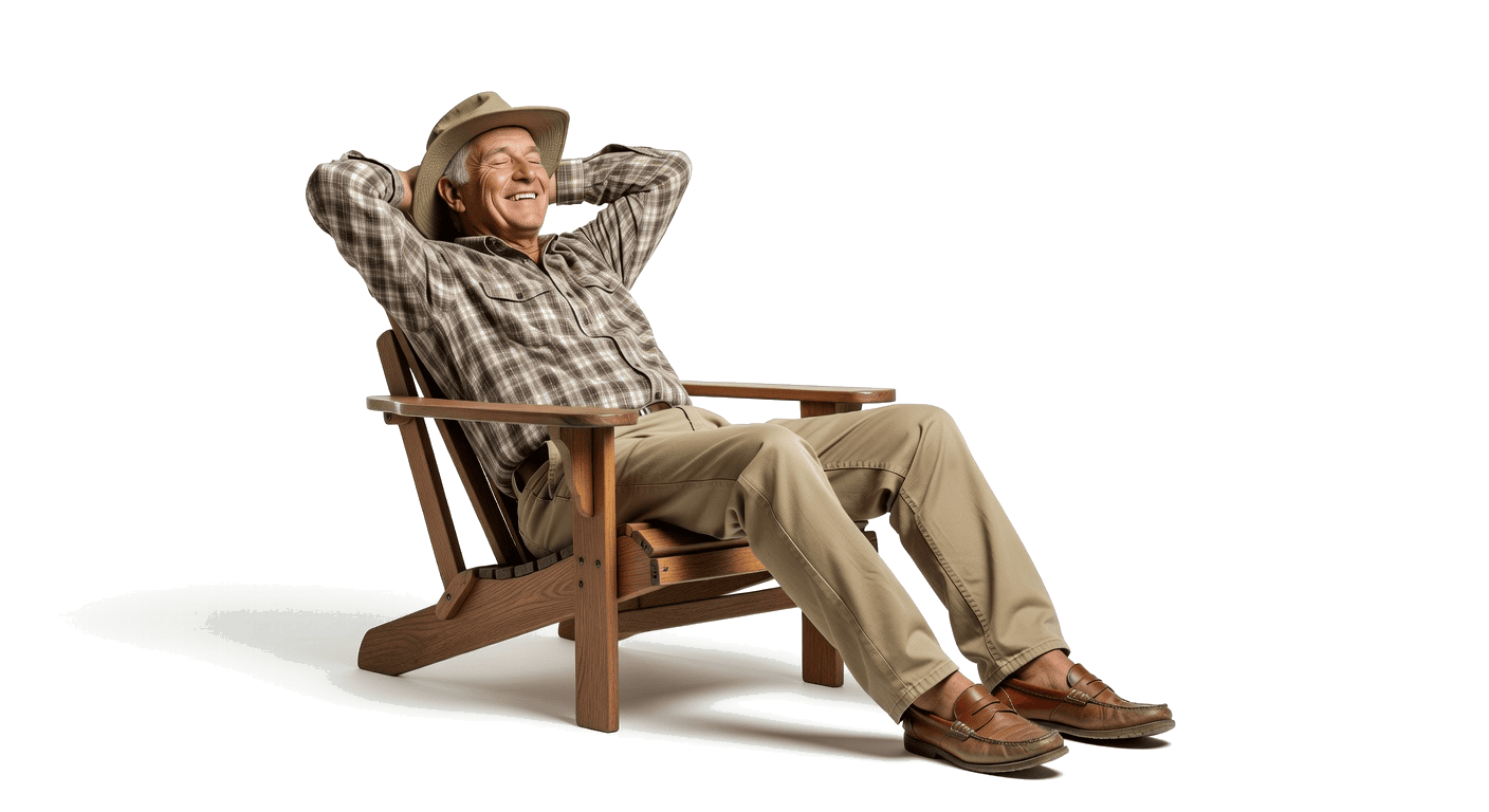 Relaxed man in Adirondack chair with fishing hat