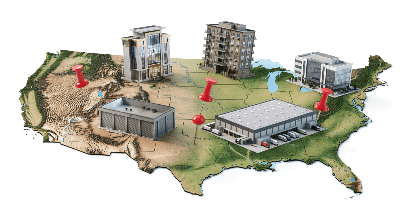 US map with red pins and miniature buildings representing DST property types