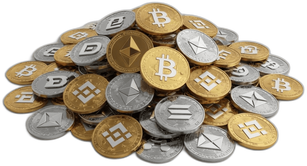 Cryptocurrency coins including Bitcoin, Ethereum, Solana, BNB, and XRP