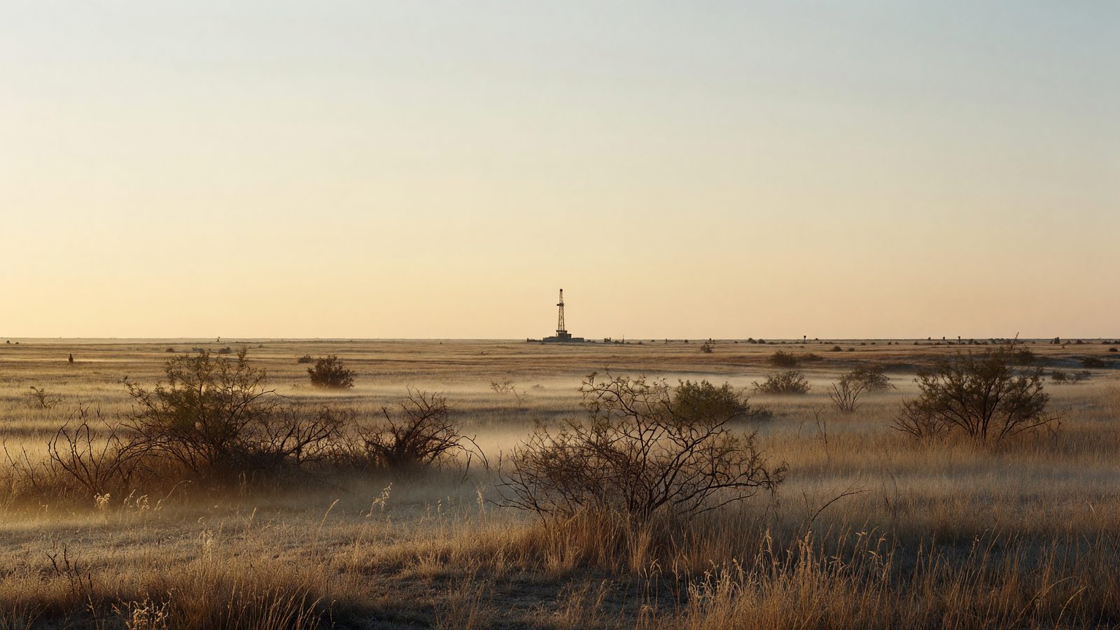 Open West Texas rangeland at dawn, with low mist over dry grass and mesquite and a single drilling rig on the far horizon.